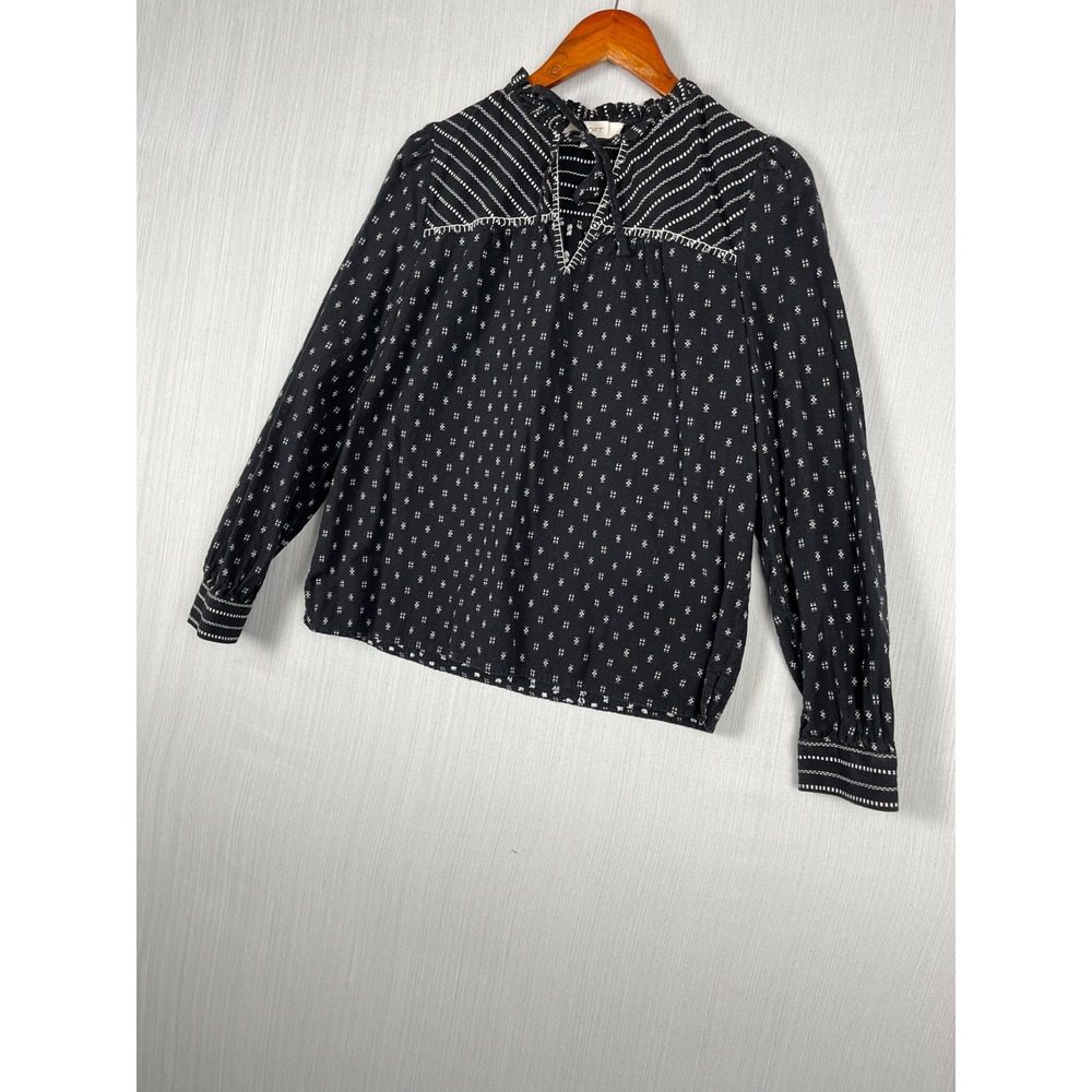 LOFT Blouse Womens S Black Embroidered Boho Peasant Tie Neck‎ Cotton Top